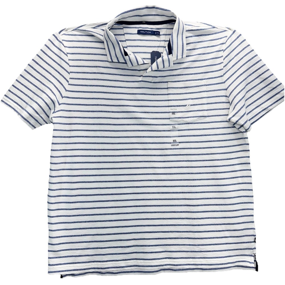 Nautica Seersucker Polo Shirt XXL Blue White Blue Stripe Johnny Collar Pocket